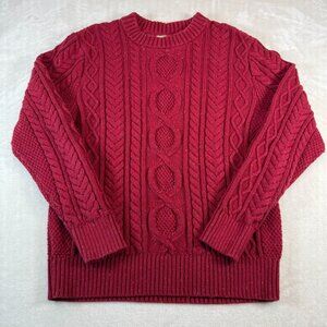 LL Bean Vintage Red Fisherman Cotton Sweater Cable Knit Small Chunky